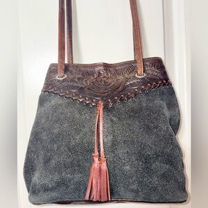 Handmade Suede & Leather Boho Tote – Tooled Floral | Made in Paraguay